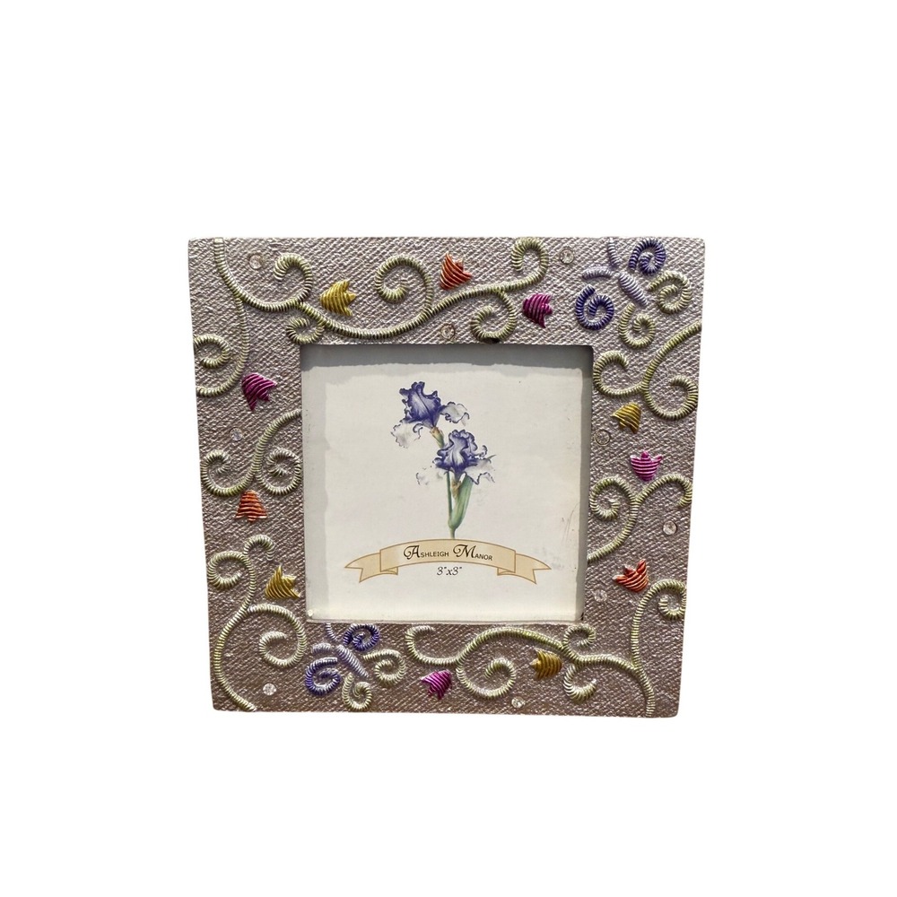Ashleigh Manor Silver Textured 3x3 Photo Frame Rhinestone Enamel Swirls Square